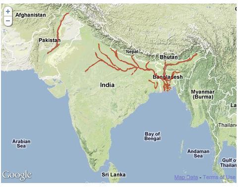 Map showing the distribution of South Asian River | World Map With Countries