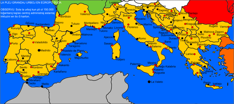 Map of Southern Europe with Cities