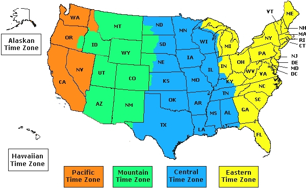 Map of USA Time Zones Printable
