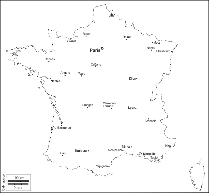 Blank Map of France with Cities