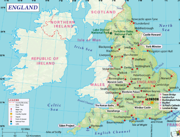 Printable Map of England with Cities