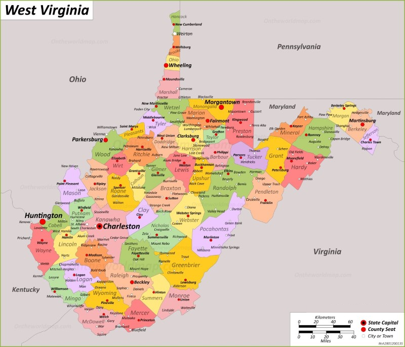 Printable Map of West Virginia with Countries