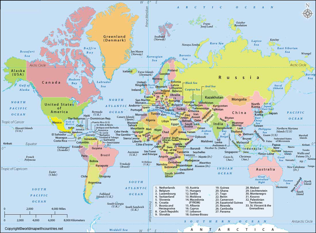 World Map with Countries Names and Continents