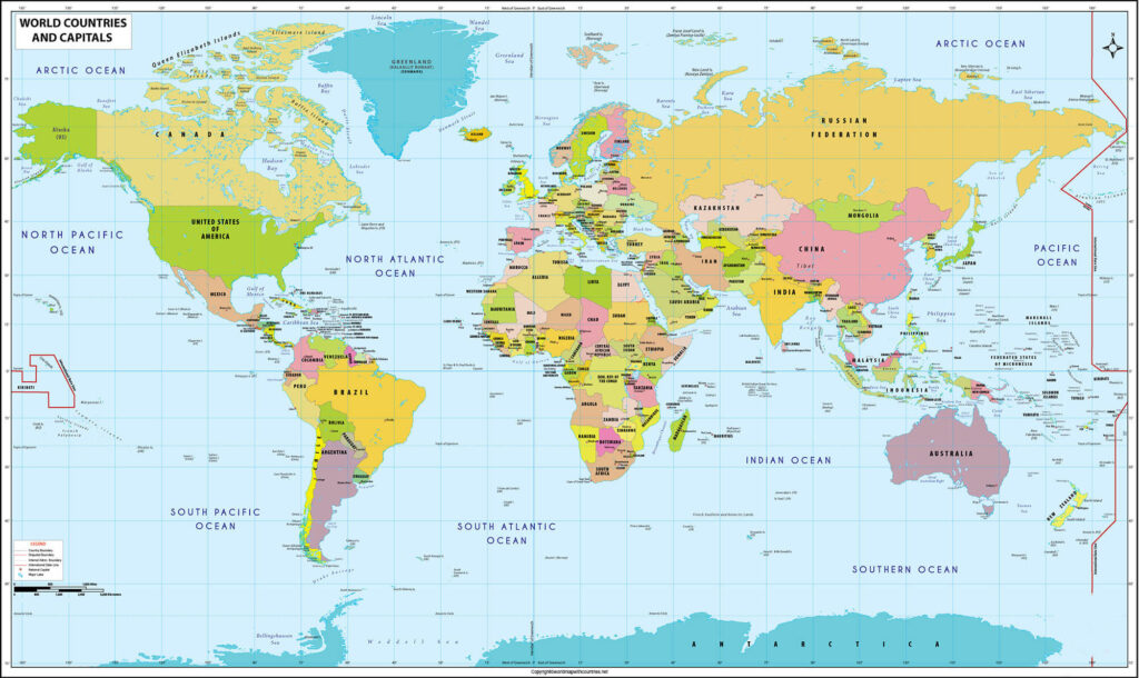 World Map with Countries and Capitals and Continents