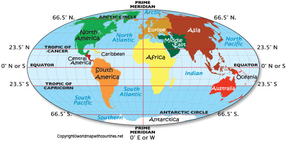 World Map with Equator and Tropic of Cancer