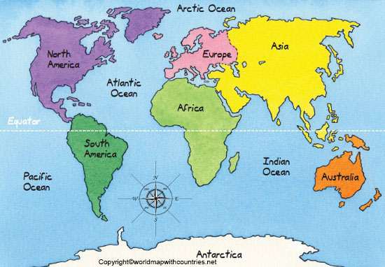 World Map with Equator and Continents