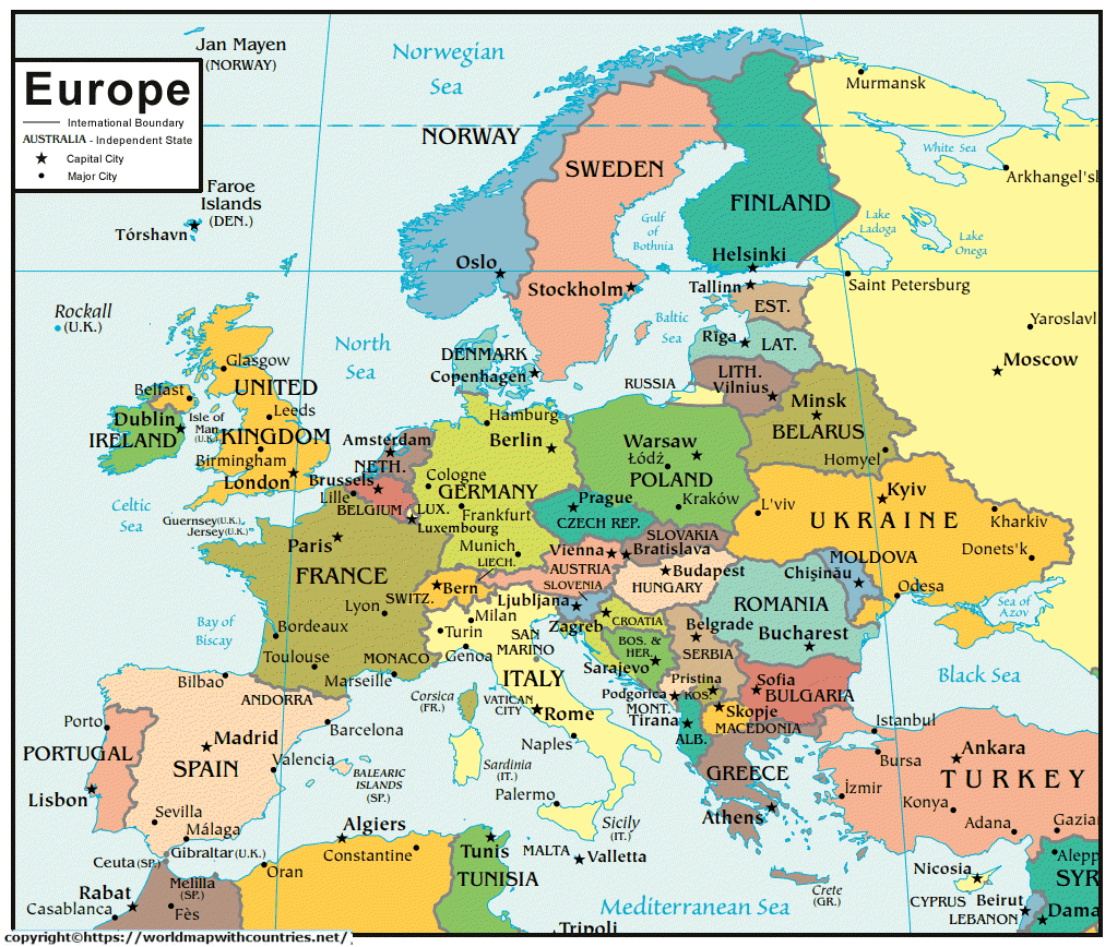 Labeled Europe Map with Capitals