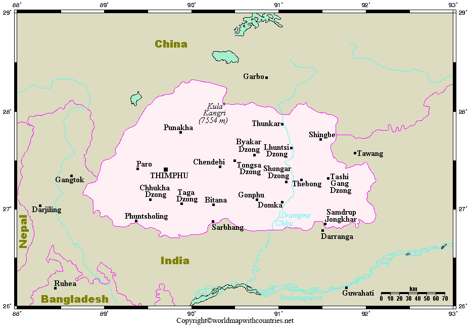 Labeled Map of Bhutan