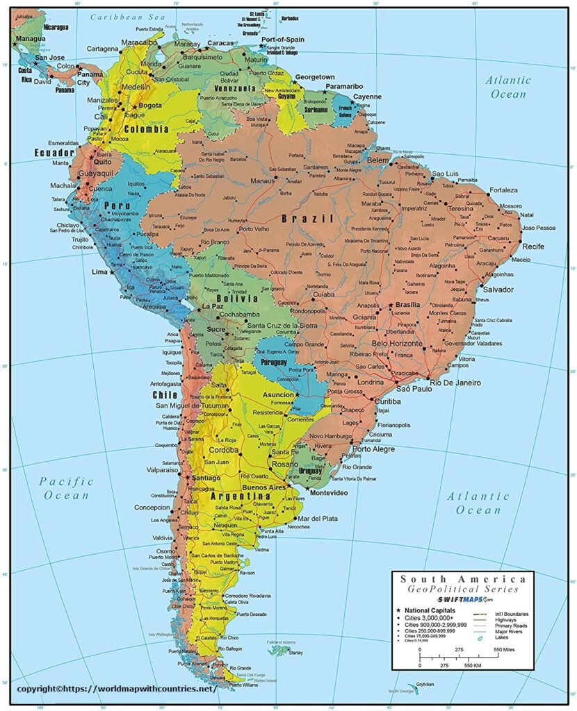 South America Political Map with Countries and Capitals