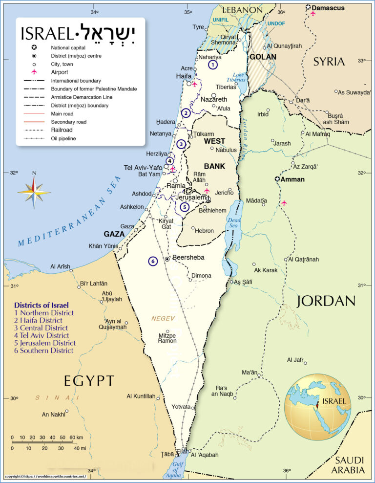 4 Free Printable Labeled And Blank Map Of Israel On World Map In PDF ...