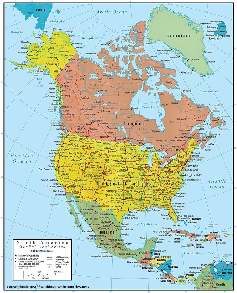 North America Political Map with Countries and Capitals