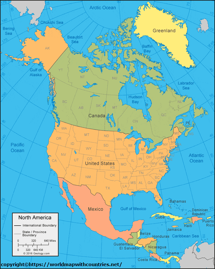 Printable Map of North America with countries