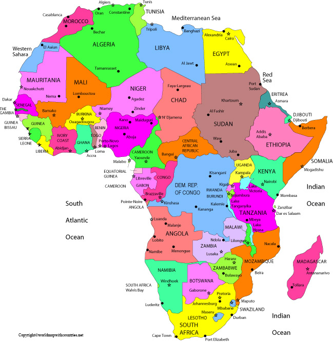 African Political Map with Countries and Capitals: