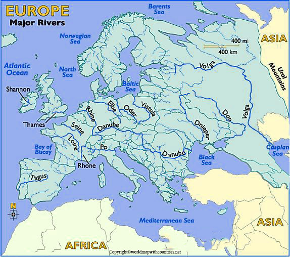Map of Europe rivers Labeled