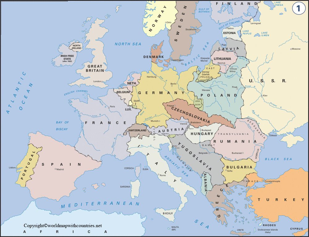 Europe Political Map with Countries and Capitals: