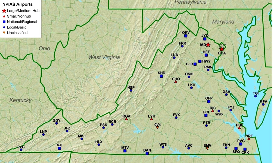 Free Virginia Airports Map And The Top 6 Airports In Virginia   Virginia Airports Map 