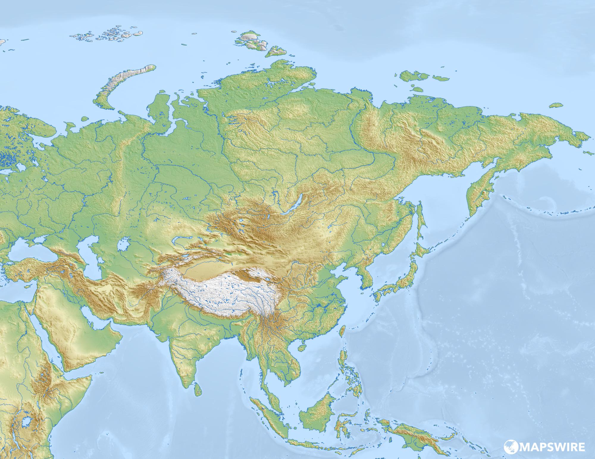 Blank Physical Map of Asia.