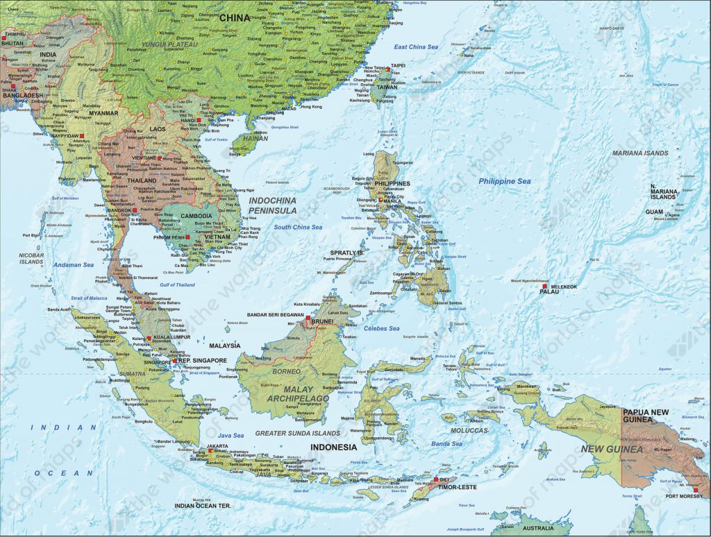 Southeast Asia Map Countries Lovely Digital Political Map South East Asia With Relief 1313 1024x774 