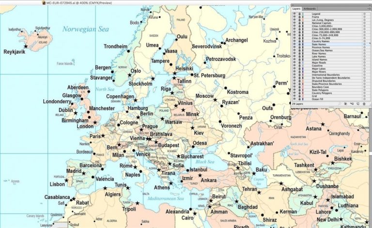 full printable detailed map of europe with cities in pdf