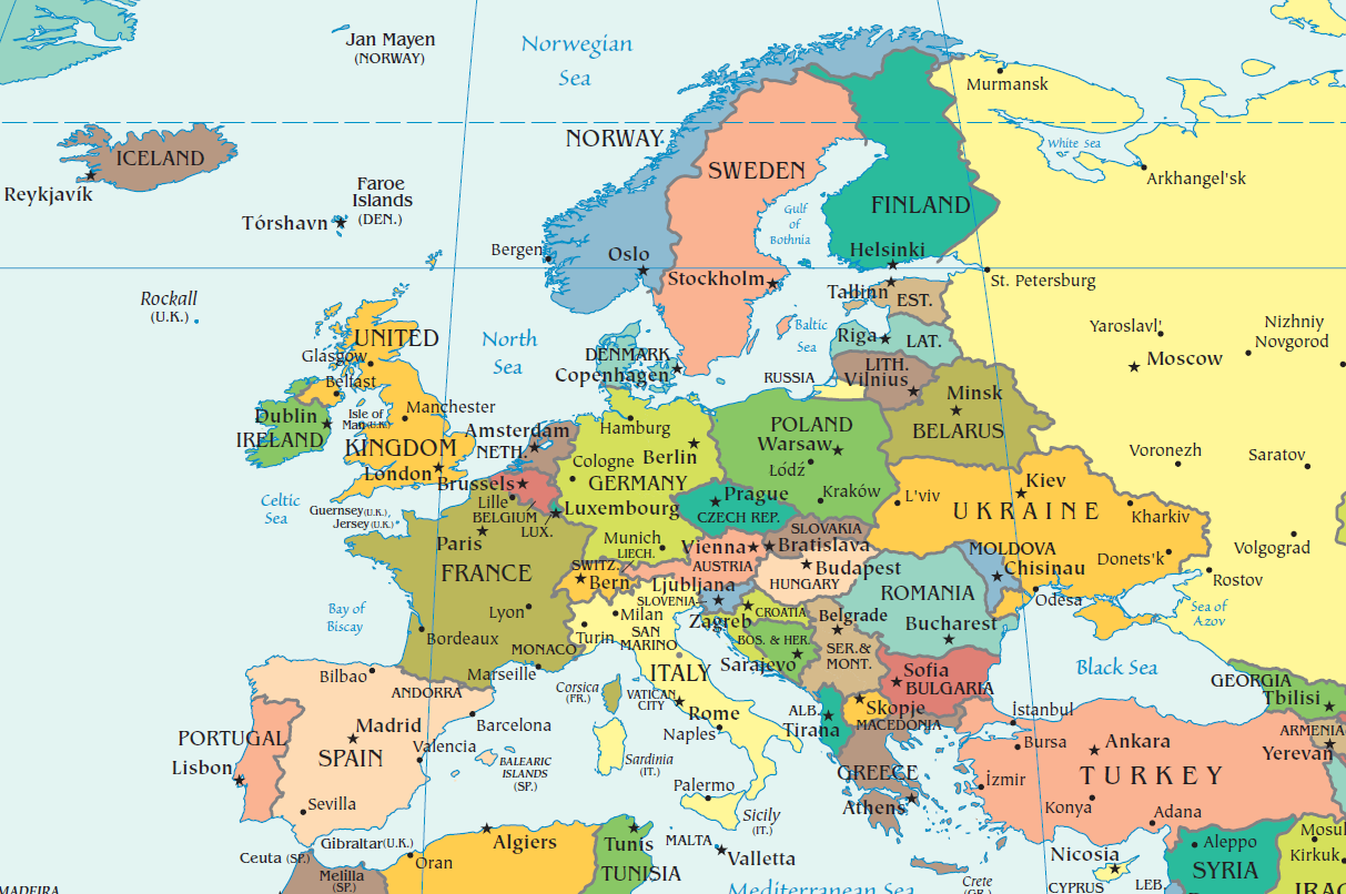 Map of Europe with Countries and Capitals