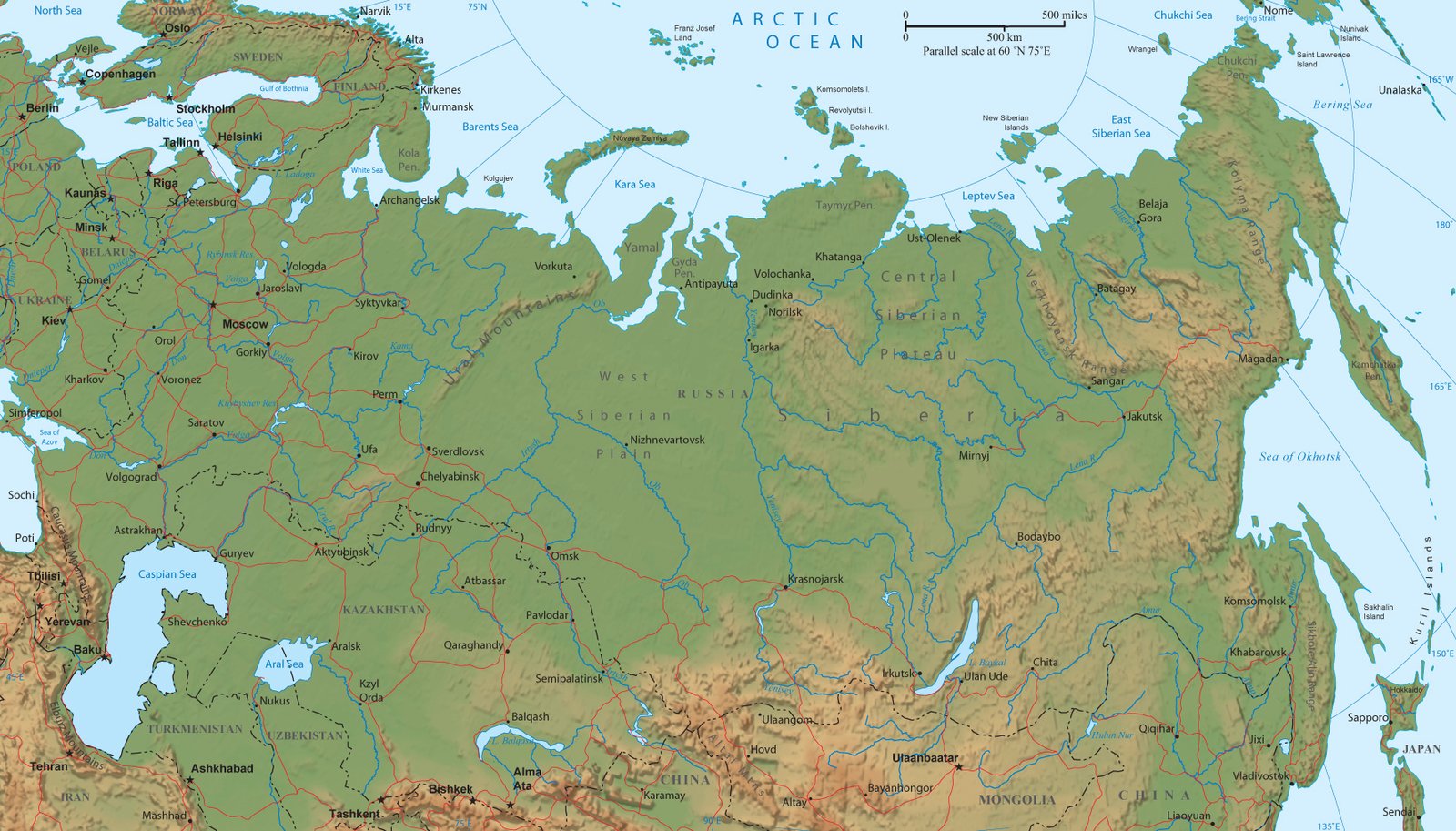 Russia And Central Asia Physical Map Detailed Printable Central Asia Map | World Map With Countries