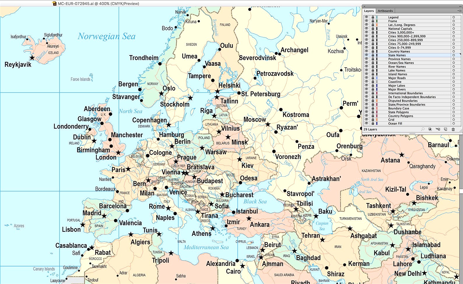 Detailed Map of Europe with Countries and Cities