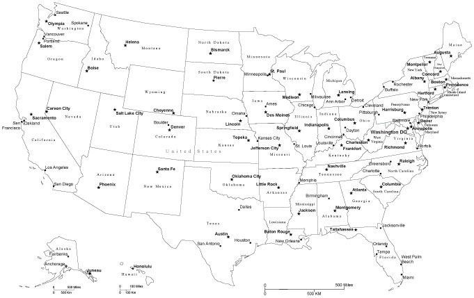 Blank Map of USA with Cities