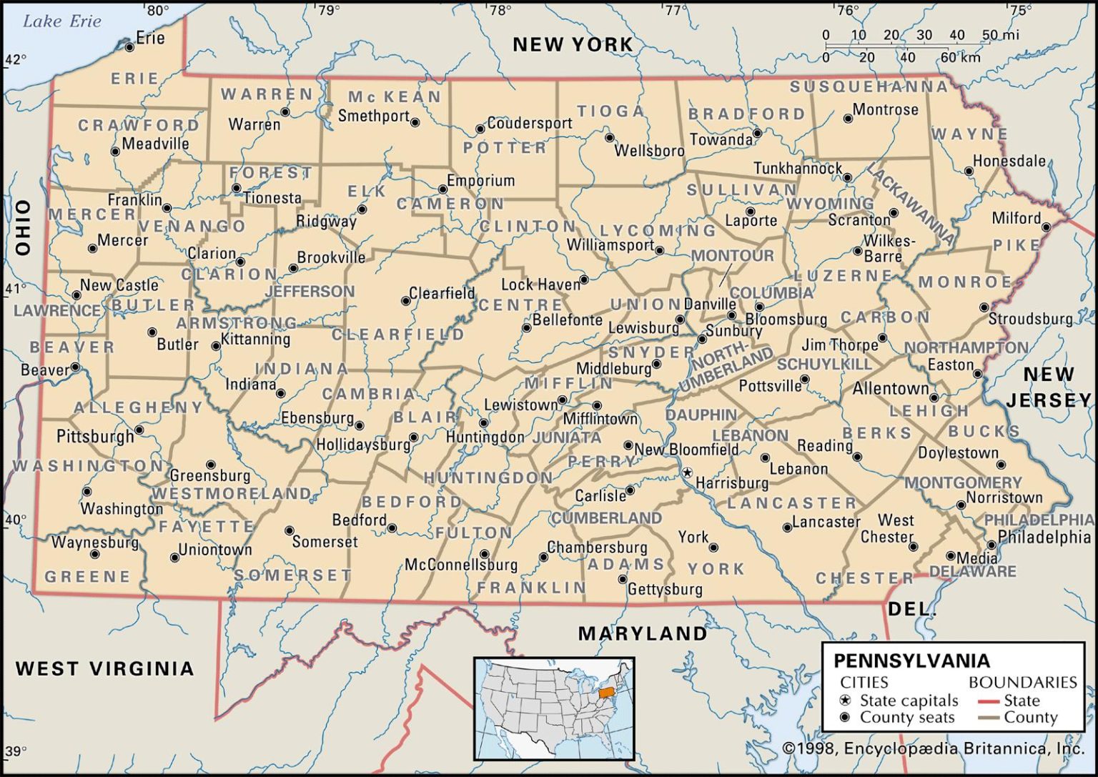 Free Printable Map of Pennsylvania Cities