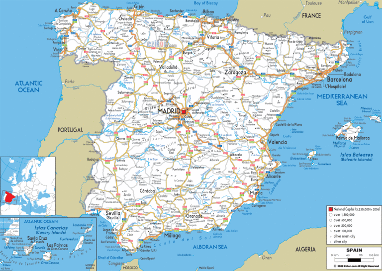 8 Free Printable Labeled Blank Map of Spain with Cities -[Outline