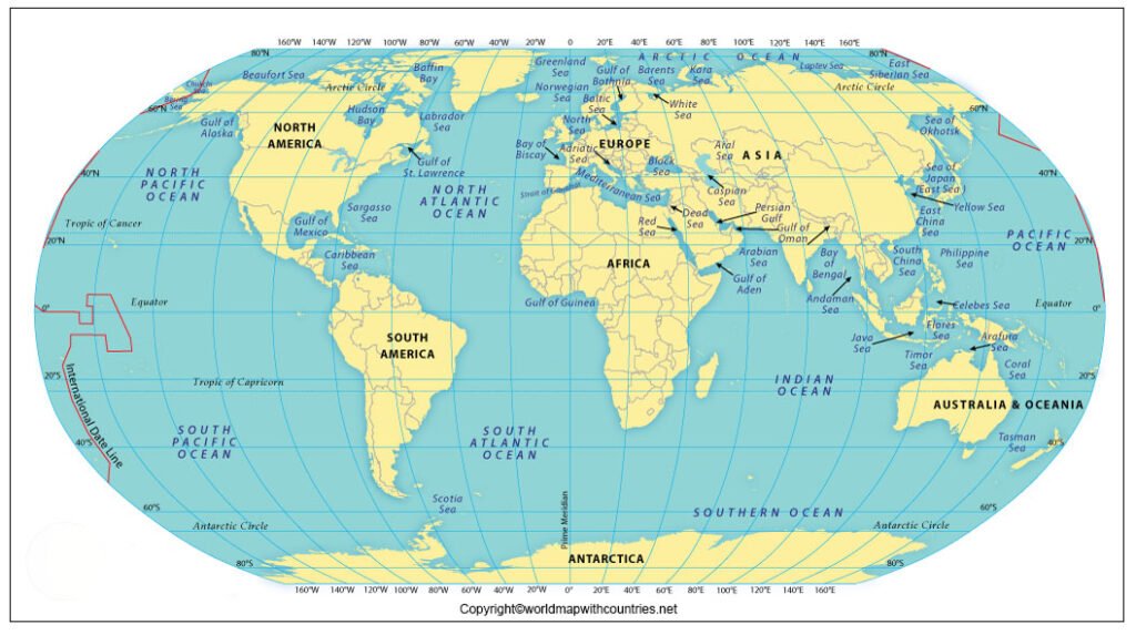 Printable World Map With Oceans Names | World Map With Countries