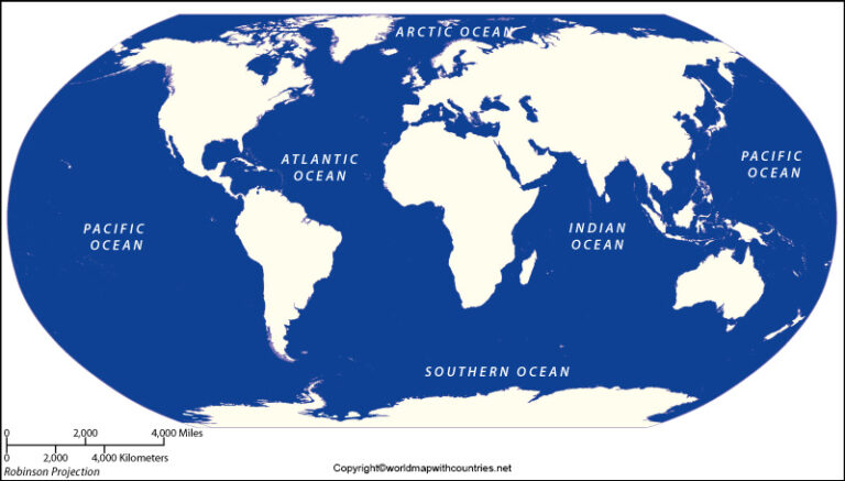 Free Large World Map With 5 Oceans Printable