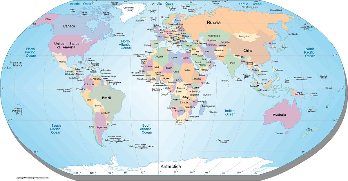 world maps with countries names and cities