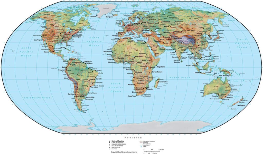 4 Free Large World Map with Coordinates and Countries | World Map With ...