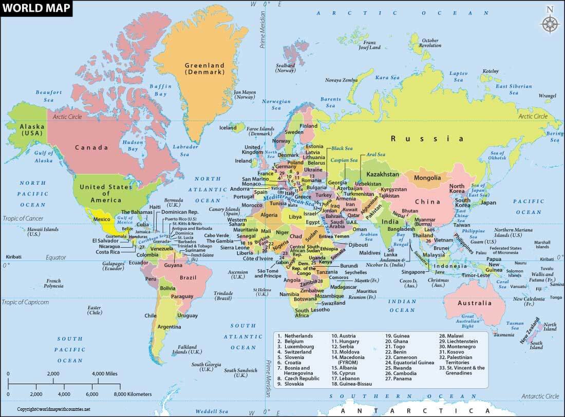 world map countries labeled printable free