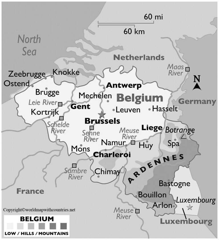 4 Free Printable Labeled And Blank Map Of Belgium On World Map In PDF ...