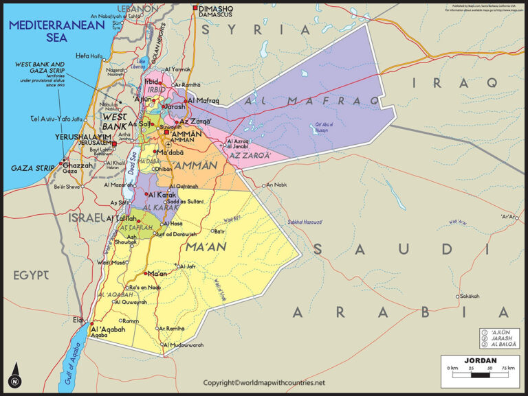 Free Printable Labeled and Blank Map of Jordan in PDF  World Map With Countries