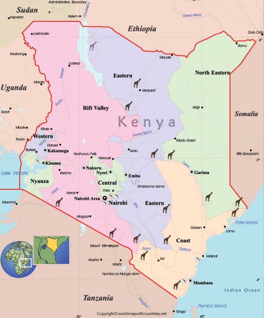 Free Printable Labeled And Blank Map Of Kenya In PDF World Map With 