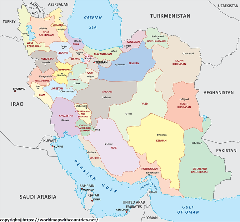 Free Printable Labeled and Blank map of Iran in PDF
