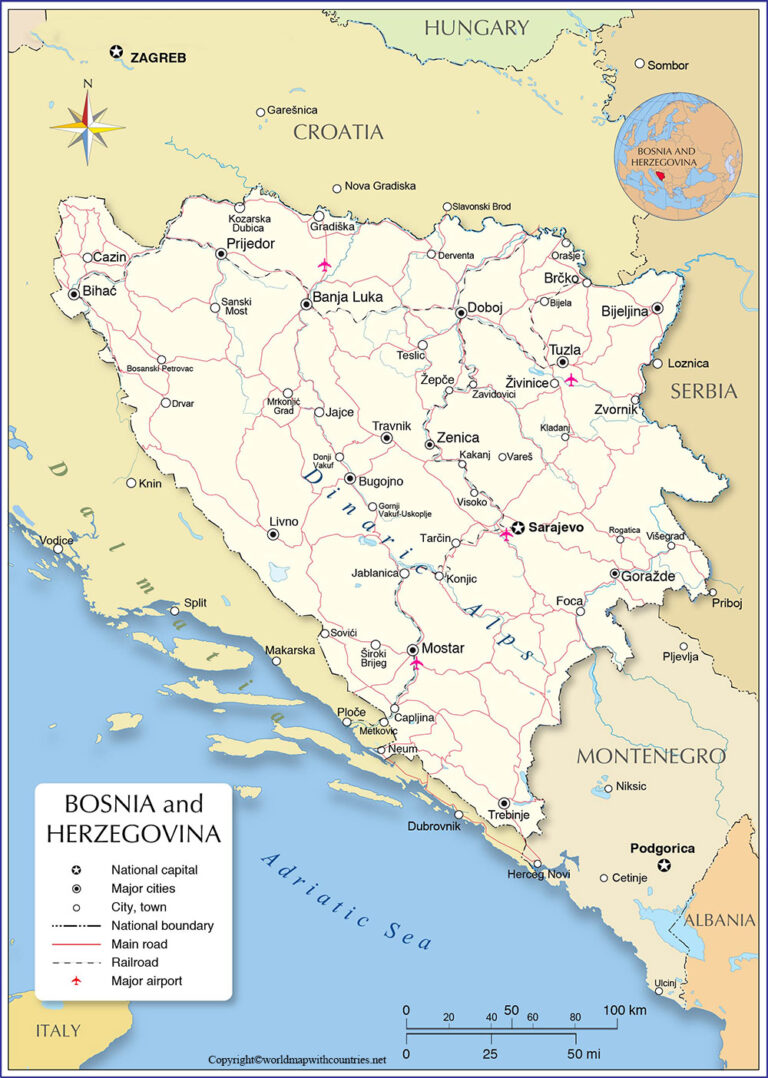 Free Labeled and Blank Map of Bosnia and Herzegovina in PDF