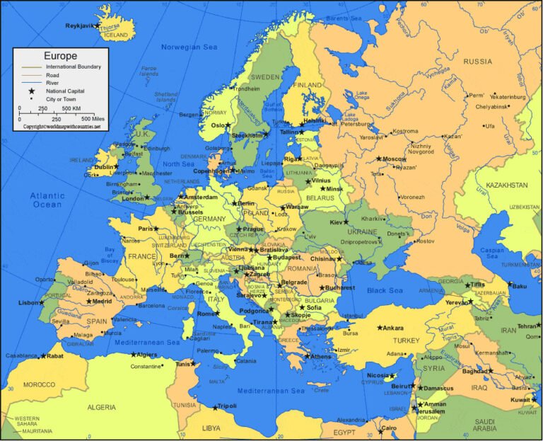 Free Political Map Of Europe With Countries In PDF