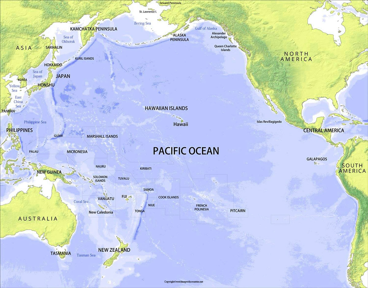 3 Free Printable World Map with Pacific Ocean Map in PDF | World Map With Countries