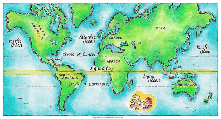 world map with equator and tropics