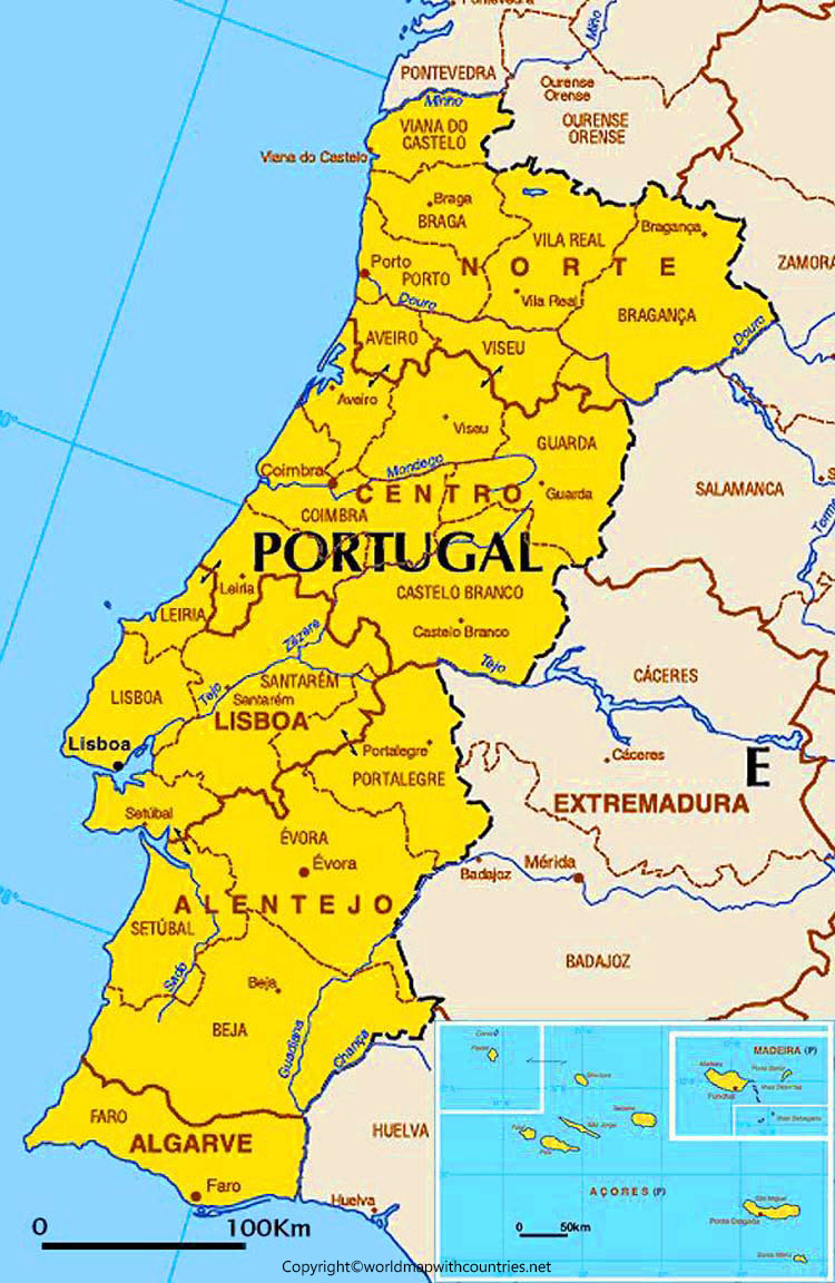 4 Free Printable Labeled and Blank Map Of Portugal With Cities in PDF