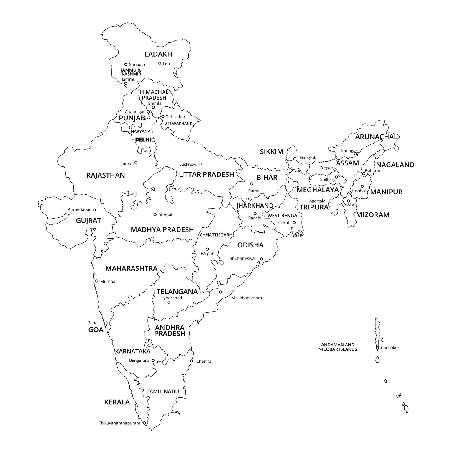 8 Free Printable And Blank India Map With States & Cities | World Map ...