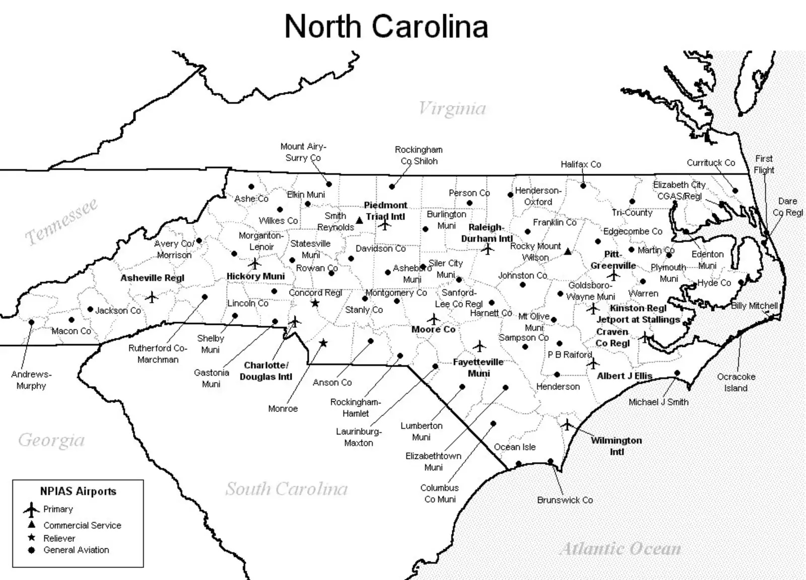 North-carolina-airports-map